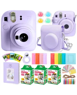 Cámara de película instantánea FUJIFILM INSTAX MINI 12 (lilás púrpura) + Kit de accesorios completo para Fujifilm Instax Mini 8/9/11/12 – Funda de cámara, álbum de fotos, marcos, pegatinas y filtros de lente (púrpura) + 3x Paquete de película mini Instax FUJIFILM 2x10