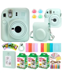 FUJIFILM INSTAX MINI 12 Instant Film Camera (Mint Green) + Complete Accessory Kit for Fujifilm Instax Mini 8/9/11/12 – Camera Case, Photo Album, Frames, Stickers & Lens Filters (Green) + 3x Fujifilm 2x10 Film Mini Instax Film Pack