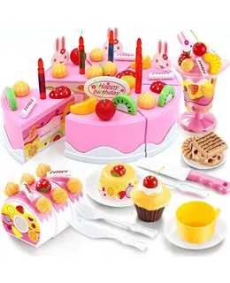 Conjunto de Comida de Fiesta Pastel de Cumpleaños Rosa Juguete 75 Piezas Plástico Juguetes de Corte de Cocina Pretend Play