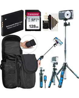 Estuche protector compacto de neopreno para cámara digital + Kit de limpieza + Tarjeta de memoria Transcend 128GB SDXC/SDHC 300S + Batería Li-On para Canon NB-11LH + Accesorios de streaming esenciales para selfies 7 en 1 Selfie Trípode Selfie Stick