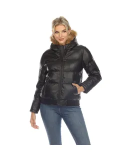 Chaqueta de Cuero Bomber con Capucha y Forro de Piel Removible para Mujer