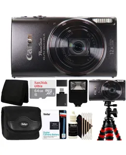 Cámara Digital Canon PowerShot ELPH 360 HS A (Negro) + Tarjeta de Memoria SanDisk Ultra 64GB microSDXC + Estuche Portátil Compacto + Trípode Rígido Grande de Goma + Flash + Lector de Tarjetas + Cartera para Tarjetas + BATERÍA LI-ON PARA CANON NB-11LH + Kit de Limpieza