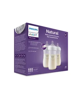 Botella de Bebé Philips AVENT Natural con Tetina de Respuesta Natural, 3m+, Flujo 4, 300ml, Clara, Paquete de 3