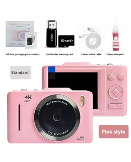 Cámara Digital 2.8 Pulgadas CCD HD Cámara 4K Portátil Tarjeta Cámara Libre Lanyard, Cámara Compacta Pequeña para Niños Chicos y Chicas -H16 Rosa Puro + Tarjeta de Memoria de 64G + Lector de Tarjeta