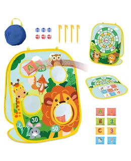 Juego de Juego de Bolitas para Niños, Juego de Tablero de Dinosaurio 3 en 1 Seguro Dart Bolsa para Niños, Juego de Partido de Juego de Casa Plegable para Niños de 3 años en adelante, Mejor Regalo de Versión Animal Espesada (8 bolsas de arena y 6 bolas pegajosas)