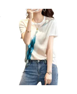 Dme (Dme) [Camiseta Recortada], Nueva Camiseta de Manga Corta de Seda para Mujeres, Diseño Impreso Aleatorio, Seda de Múltiplo, Camiseta de Mujer de Corte Libre