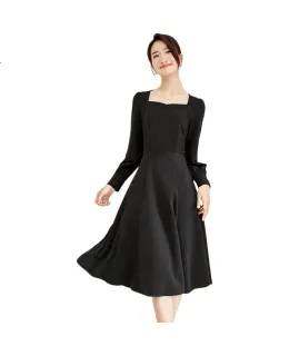 Vestido elegante de manga larga Sentubila para mujer, ropa de primavera y otoño para mujer, vestido base de estilo Hepburn con cuello cuadrado de longitud media