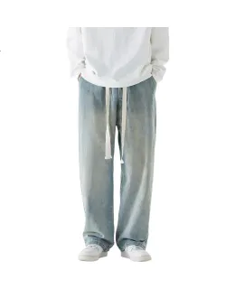 GENIOLAMODE Vaqueros de Hombre, Pantalones Vaqueros de Pierna Recta, Pantalones Casuales de Ajuste Libre y Versátiles, Vaqueros de Moda con Cordón