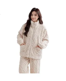 Pijamas de pareja LangSha nuevos, ropa de casa acolchada de invierno con forro de franela, conjunto de ropa de casa de franela para mujer