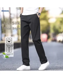Pantalones casuales para hombres ROMON Verano ajustados a la moda de seda de hielo