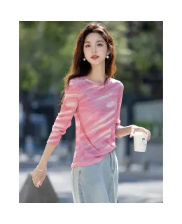 Camisa de base artística de verano ligera [Impresión por sublimación de tinta] Dme, cuello redondo, ligeramente elástica, adelgazante, para mujeres pequeñas