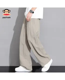 Pantalones Casuales Paul Frank para Hombres, Pantalones de Lino Ligeros de Verano, Pantalones de Pierna Ancha, Pantalones de Seda Hielo para Hombres, Gris Claro, Talla S