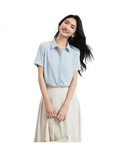 Blusa de Chiffón Azul Bodexiaojie de Manga Corta para Mujeres Pequeñas, Top Profesional para Trabajo, Camisa para Entrevista Formal para Examen de Servicio Civil