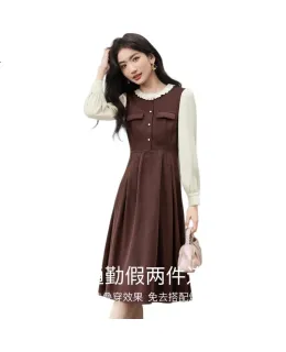 Vestido de dos piezas falso patchwork Sentubila de mujer de otoño de encaje de cuello redondo de manga larga de bloque de color de línea A de cintura adelgazante de longitud media