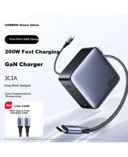 Cargador GaN Ugreen 200W Set PD 140W Carga Rápida PPS 100W para Teléfono Apple Xiaomi Tipo-C Laptop MacBook Pro Adaptador