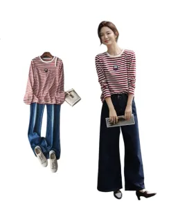 Dme [Stripado Espiritu Libre] Manga Larga de Primavera y Otoño de Contraste de Color Suelta para Mujeres, Camiseta Femenina de Bordado de Patchwork Lindo