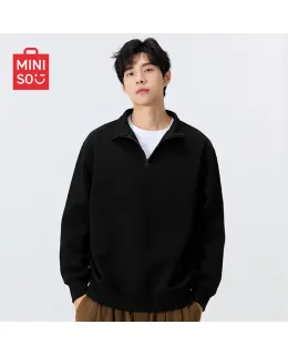 Suéter de manga corta MINISO para hombre otoño chaqueta de cuello alto de algodón pesado resistente y de moda para hombre negro 3XL