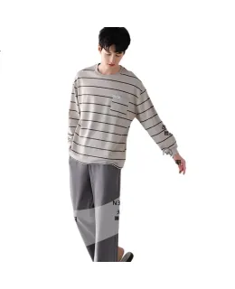 Conjunto de pijama informal LangSha para hombre de algodón 7A antibacteriano resistente a los ácaros con estampado a rayas de talla grande