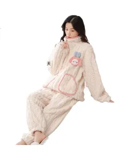 Pijamas de Felpa Urban Beauty Coral para Mujeres Otoño Invierno Cálido Grueso Lindo Conjunto de Flanela para el Hogar