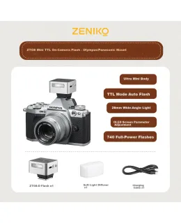 Cámara Mini Hot Shoe ZENIKO ZT08O Olympus Panasonic, Flash de Montaje en Rosca Caliente, Sincronización de Alta Velocidad TTL, Medición Automática, Compacta y Portátil, Grabación al Aire Libre, Luz de Rosca Caliente, Luz de Relleno
