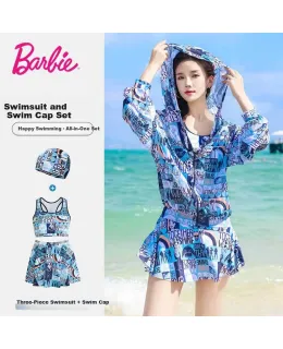 Conjunto de bikini de tres piezas impreso de moda conservadora de Barbie para mujeres, traje de baño de cintura alta y adelgazante para pequeño pecho, traje de baño de vacaciones de playa