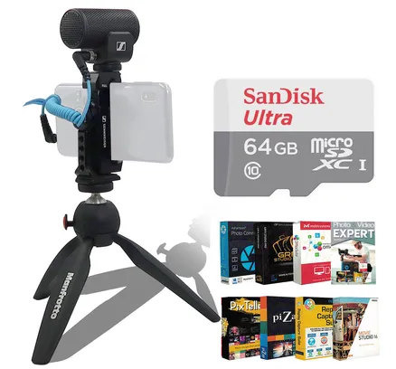 Microfono Profesional Sennheiser MKE 200 Kit Móvil Dirigido On-Camera con Abrazadera para Smartphone y Trípode de Mesa Manfrotto + Tarjeta de Memoria SanDisk Ultra 64GB microSDXC + Suite de Edición Profesional de Foto y Video Tech Smart USA