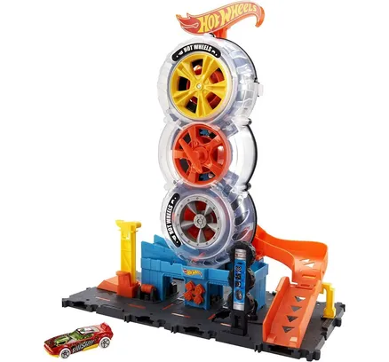 Hot Wheels Set de Pista de Coches Ciudad Super Twist Tienda de Neumáticos con Coche a Escala 1:64