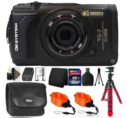 Cámara Digital OM SYSTEM Tough TG-7 Negra con Kit de Accesorios de Tarjeta de Memoria de 32GB