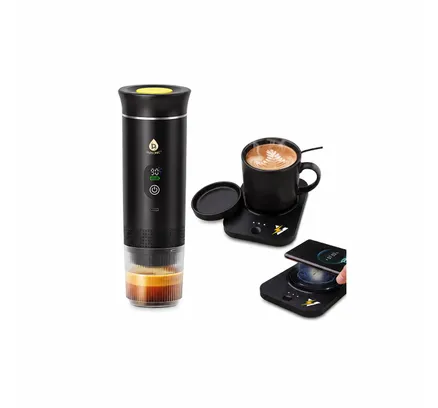 Paquete Pursonic Coffee Anywhere - Máquina de Espresso y Café Portátil 3 en 1 + Cargador Inalámbrico y Calentador de Taza 2 en 1 + Termo para Café
