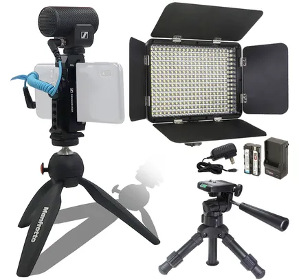 Kit Microfonía Profesional Sennheiser MKE 200 Móvil con Microfono Dirigido On-Camera para Smartphone con Abrazadera y Trípode de Mesa Manfrotto + Kit de Iluminación de Video Studio Vidpro LED-330X Varicolor con Puertas de Granero Integradas y Difusor Incluye Batería y Cargador Li-ion, AC A