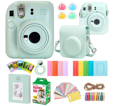 Cámara de Vídeo Instantánea FUJIFILM INSTAX MINI 12 (Verde Menta) + Kit de Accesorios Completo para Fujifilm Instax Mini 8/9/11/12 – Funda para Cámara, Album de Fotos, Marcos, Adhesivos y Filtros de Lente (Verde) + Paquete de Peléculas Fujifilm 2x10 Mini Instax
