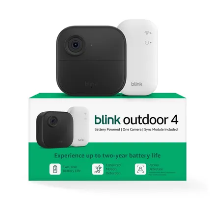 Blink Outdoor 4 – Cámara de seguridad inteligente inalámbrica, vida de batería de dos años, vista en vivo HD 1080p dá y noche infrarrojo, conversación bidireccional. Módulo de sincronización Core incluido – 1 sistema de cámara