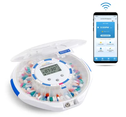 Dispensador de Píldoras Automático Inteligente WiFi LiveFine, Organizador de Píldoras de 28 Días con Llave y Aplicación - Tapa Transparente