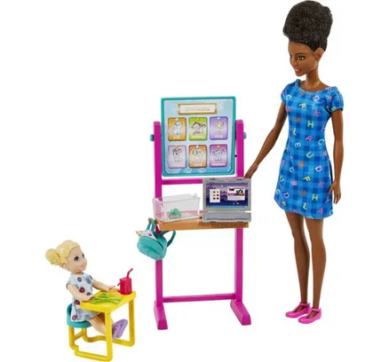 Barbie Muñeca Profesora (Rubia), Muñeca Infantil (Rubia), Tablero Giratoria, Portatiles, Mochila y Escritorio