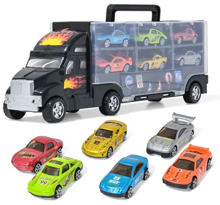 Transporte de Coches de Juguetes Big Mo's con Camión Portacaros con 6 Coches de Carrera