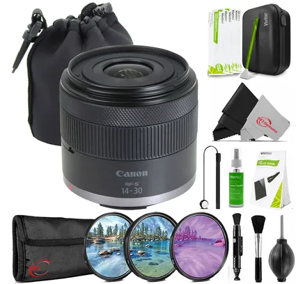 Canon RF-S 14-30mm f/4-6.3 IS STM PZ Lente (Canon RF) + 58mm 3pc Kit de Filtros + Funda Neopreno para Cámaras DSLR y Mirrorless - Almacenamiento a prueba de golpes, polvo y seguro con Asa y Gancho Giratorio + Kit de Limpieza Profesional A