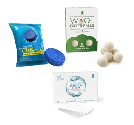Paquete Esencial Pursonic Eco para el Hogar: Tabletas Limpiadoras de Inodoro + Bolas Secadoras de Lana + Hojas de Detergente Ecológico
