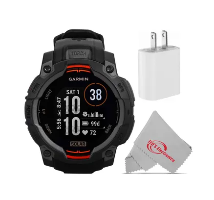Garmin Instinct 3 Solar Resistente GPS Smartwatch para Exteriores - 45mm, Correa de Silicona (Negro) + Conector USB + Paño de Microfibra de Limpieza