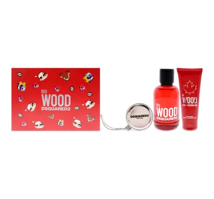 Red Wood por Dsquared2 para Mujeres - 3 Pcs Set de Regalo 3.4oz Eau de Toilette, 3.4oz Gel de Baño y Ducha Perfumada, Bolso Redondo Plateado