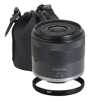 Lente Canon RF-S 14-30mm f/4-6.3 IS STM PZ (Canon RF) + Funda Neopreno Impermeable para Lentes DSLR y Mirrorless - Almacenamiento a prueba de golpes, polvo y seguro con Asa y Gancho Giratorio + Filtro UV 58mm