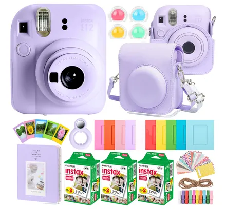Cámara de Película Instantánea FUJIFILM INSTAX MINI 12 (Púrpura Lila) + Kit de Accesorios Completo para Fujifilm Instax Mini 8/9/11/12 – Funda para Cámara, Álbum de Fotos, Marcos, Adhesivos y Filtros de Lente (Púrpura) + 3x Paquete de Película Mini Instax Fujifilm 2x10