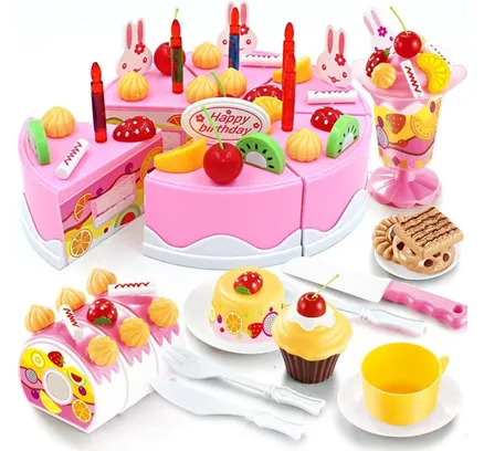 Conjunto de Juguete de Pastel de Cumpleaños Rosa de 75 Piezas