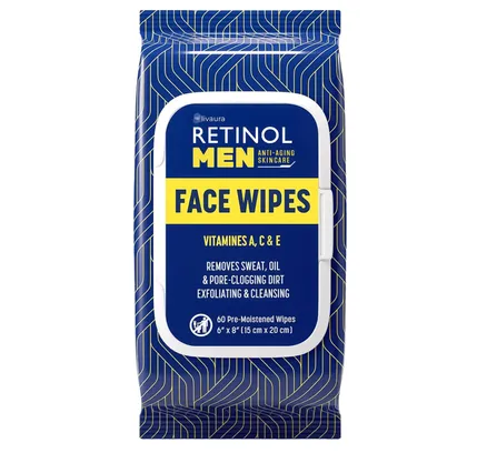 Toallitas Limpiadoras Faciales Anti-Envejecimiento de Retinol para Hombre de LIVAURA - Toallitas de Limpieza Que Cleansen Rápidamente la Cara de Sudor, Aceite y Suciedad que Obstruye los Poros sin Ninguna Residuo Pesado (60 Cuenta (Paquete de 1))