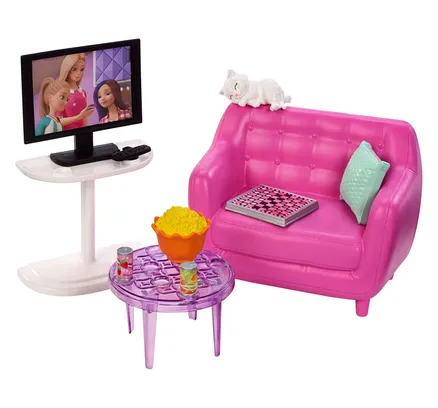Conjunto de Muebles de Interior Barbie, Sala de Estar Incluye Gatito, Muebles y Accesorios