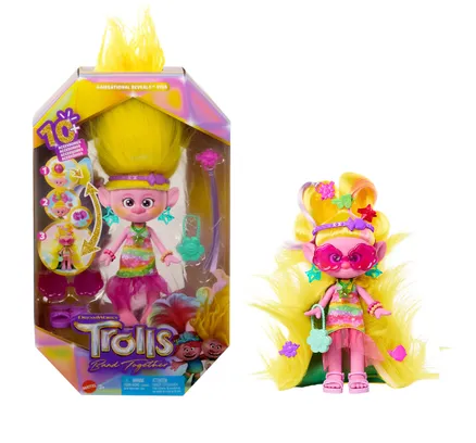 DreamWorks Muñeca de la Banda de Trolls Juntos Revelaciones de Cabellos & 10+ Accesorios de Moda