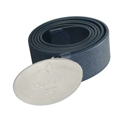 Cinturón de cuero Saffiano Prada azul marino con hebilla de plata