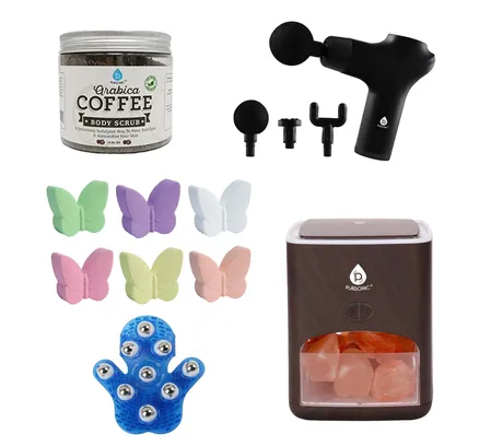 Pursonic Essentials de Spa en Casa: Exfoliante de Café, Difusor de Lámpara de Sal del Himalaya, Masajista, Bombas de Baño y Más