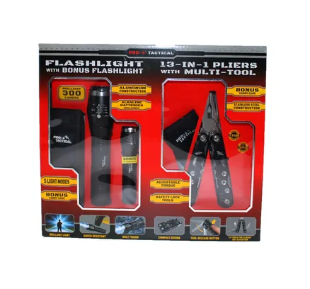 Conjunto de Regalo Táctico Pro-4, Linterna Lumin de 300, Alicates 13-en1 con Herramienta Multifuncional y Linterna Extra