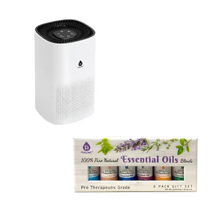 Paquete Pursonic Purify & Relax Home Wellness – Purificador de Aire True HEPA y 6 Paquetes de Mezclas de Aceites Esenciales 100% Puros