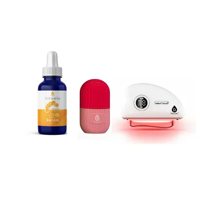 Conjunto de Renovación Radiante - Herramienta Gua Sha de Luz Roja, Suero de Vitamina C y Rodillo de Hielo Refrescante